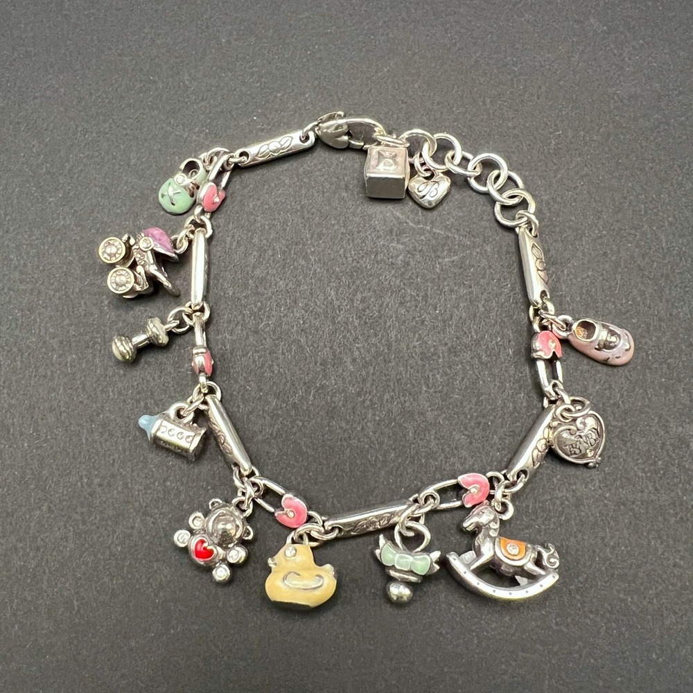 Brighton Baby Love Charm Bracelet Silver Plated Pink Yellow Green Enamel Retired